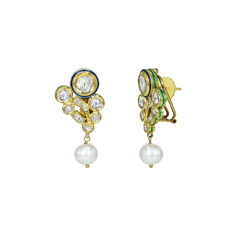 Floral Polki Earrings with Blue Enamel and Pearl Drop
